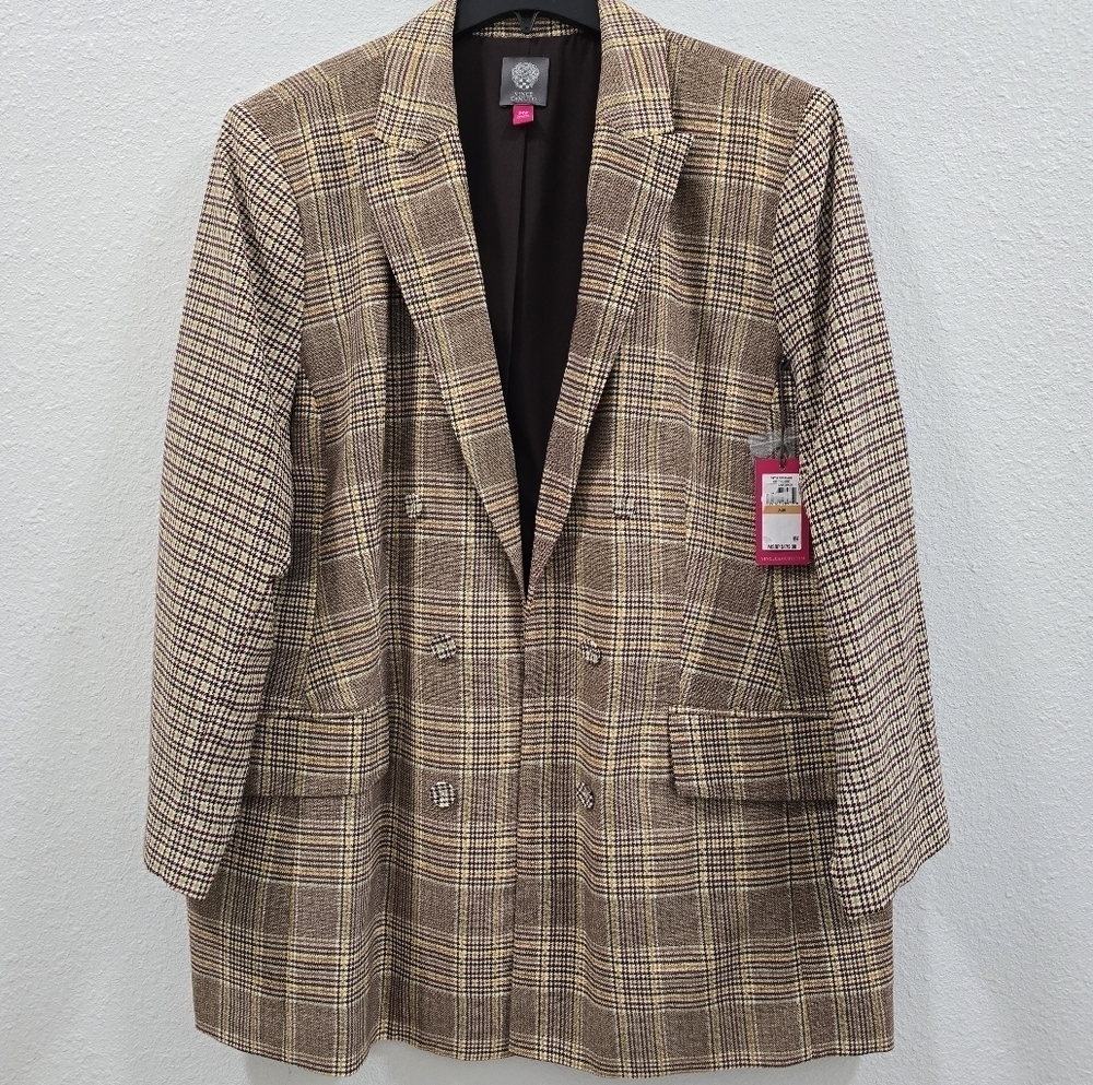Vince Camuto Brown Plaid Double-Breasted Blazer size 24 new with tags